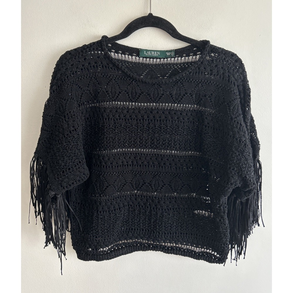 Ralph Lauren Black Knit Fringe Sleeve Top‎ Size Women's XS Petite Retail: $145